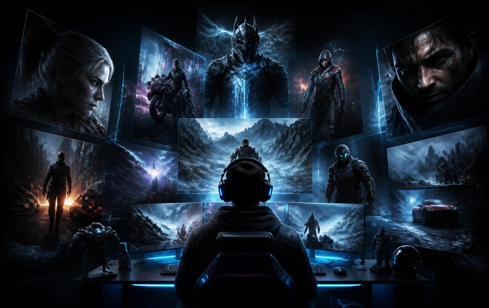 Collage of game artwork on a gaming setup